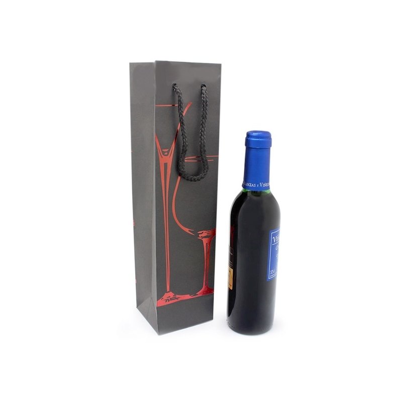 Saco 3/8 para garrafa de vinho preta com taças vermelhas
